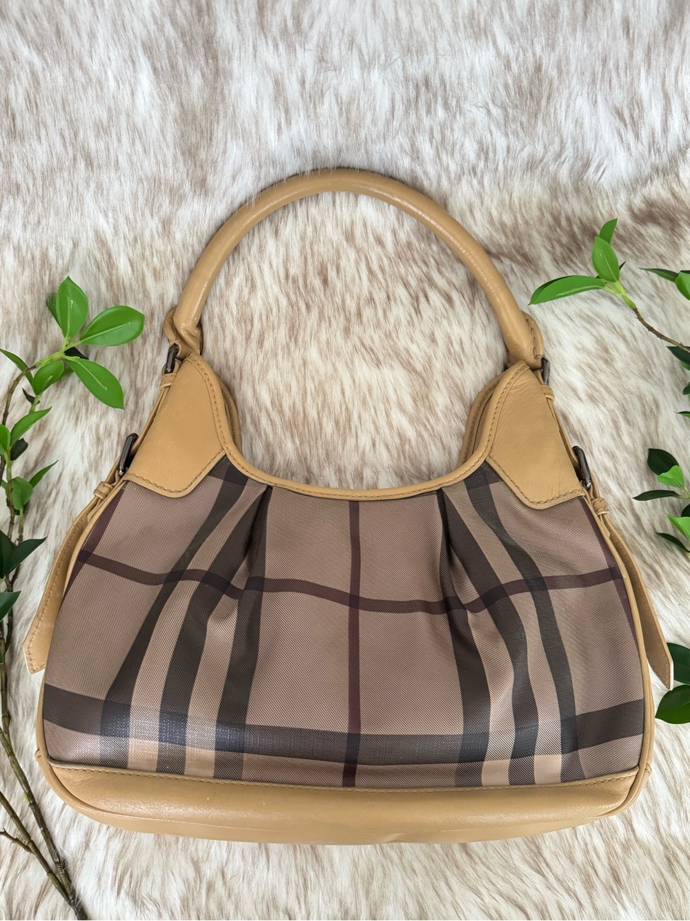 Vintage Burberry Tan Plaid Shoulder Bag with Leather Trim